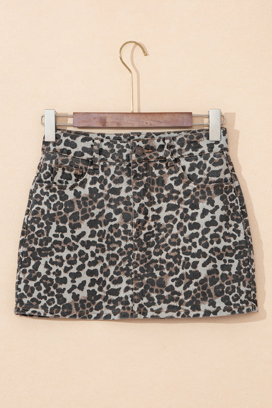 Khaki Leopard Denim Mini Skirt