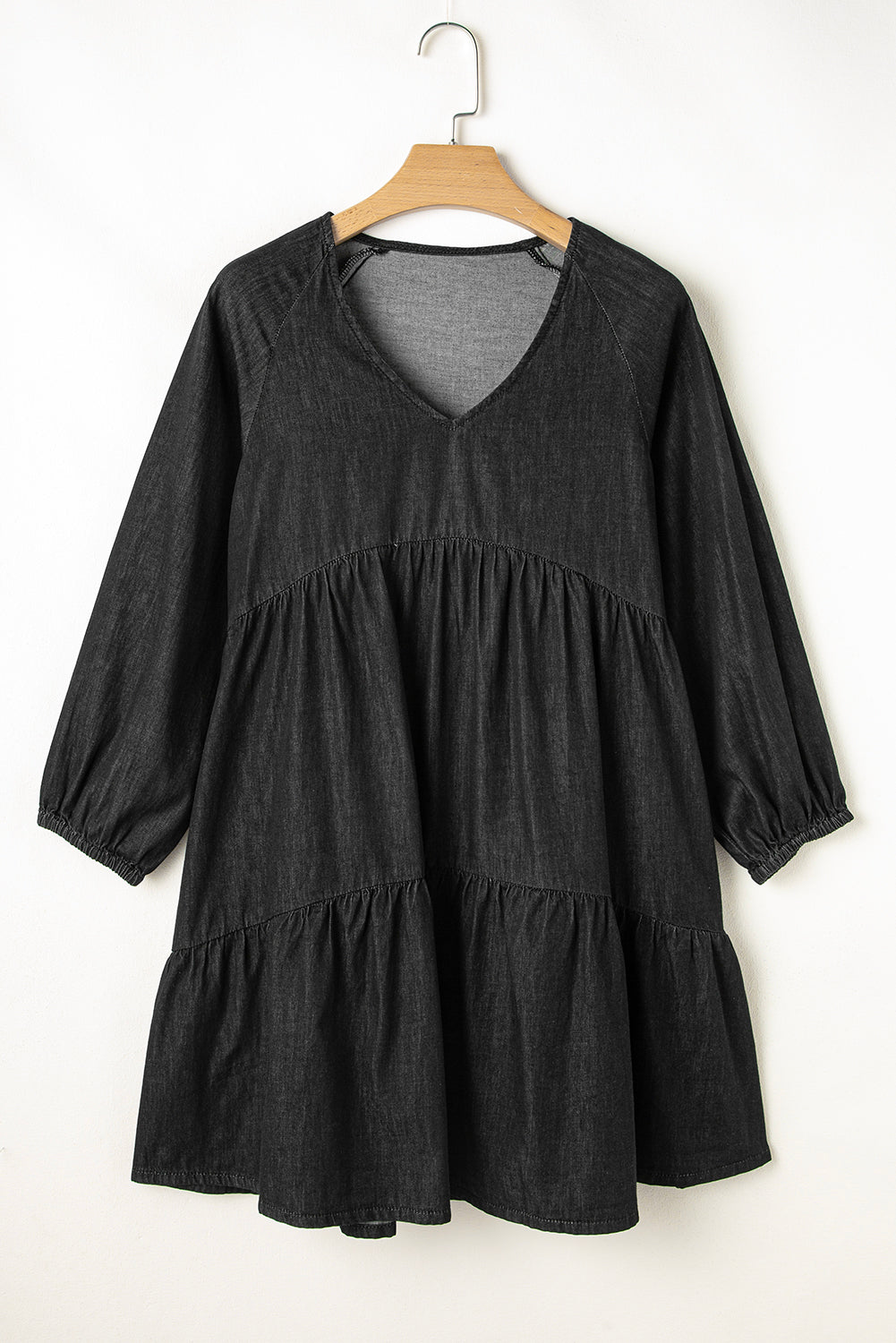 Black Puff Sleeve V Neck Tiered Ruffled Chambray Mini Dress