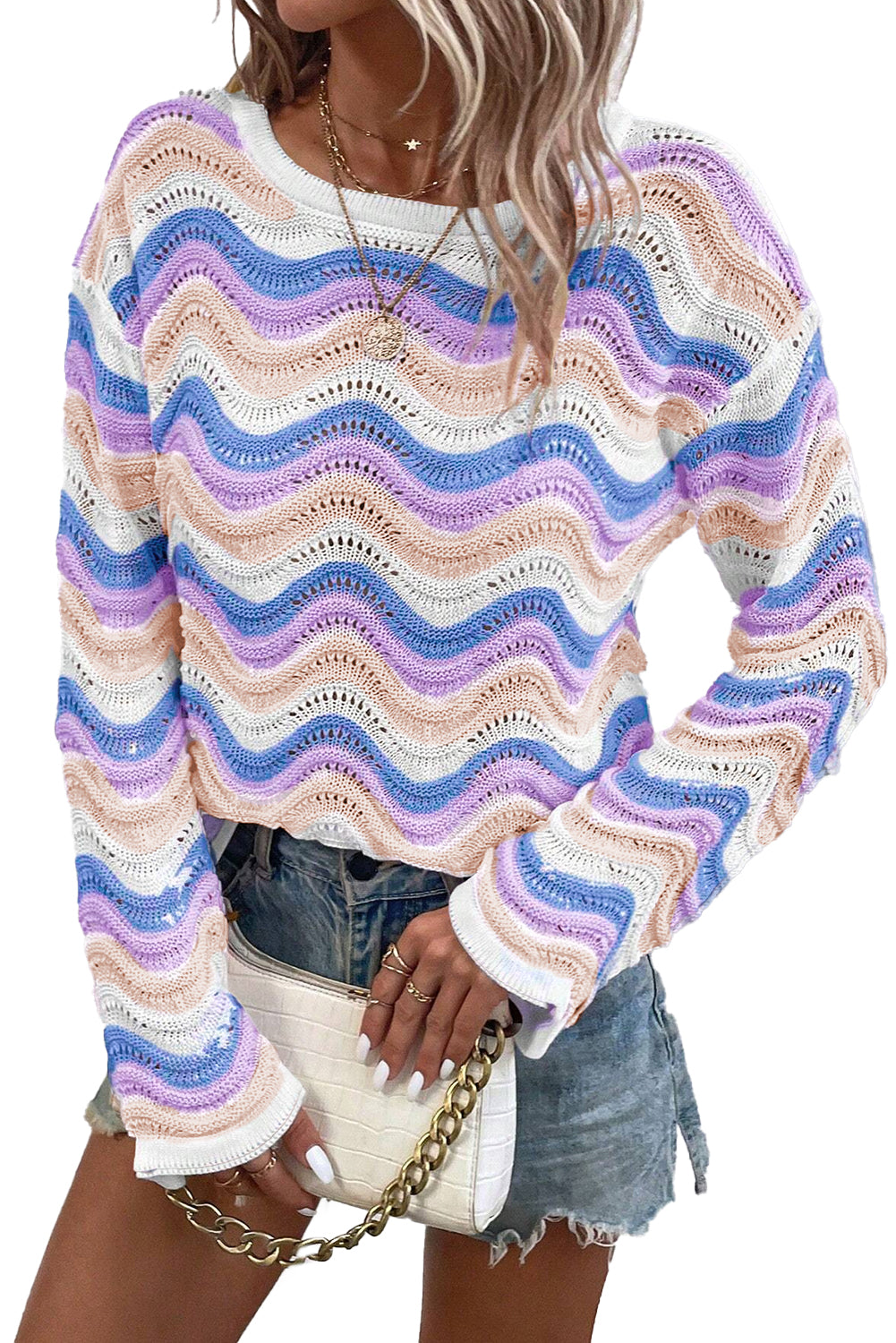 Purple Wavy Knit Drop Shoulder Sweater