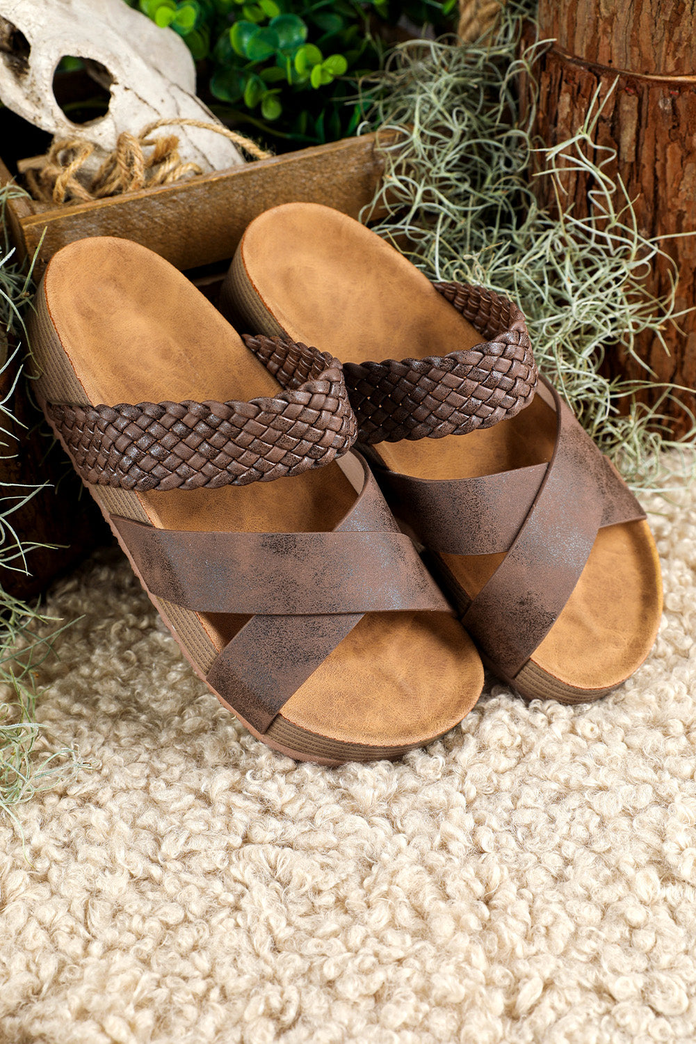 Brown Braided Criss Cross Platforms