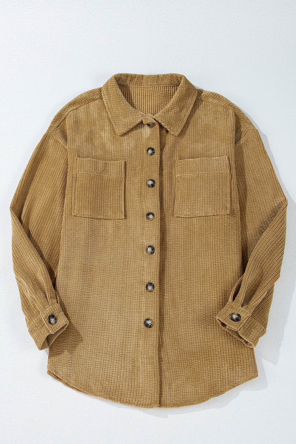 Light French Beige Patched Pocket Button Up Corduroy Shacket