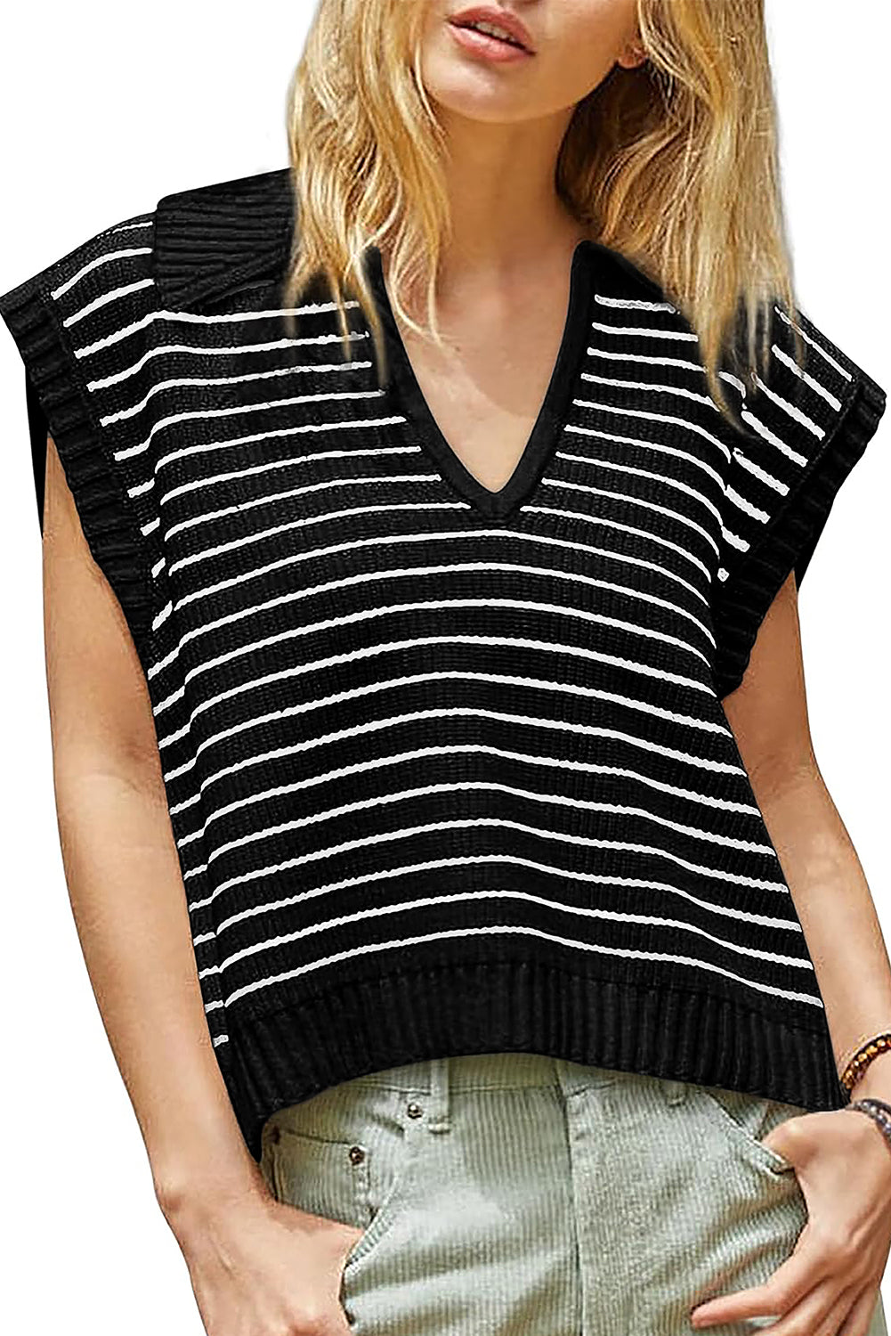 Black Stripe V Neck Sweater Tank