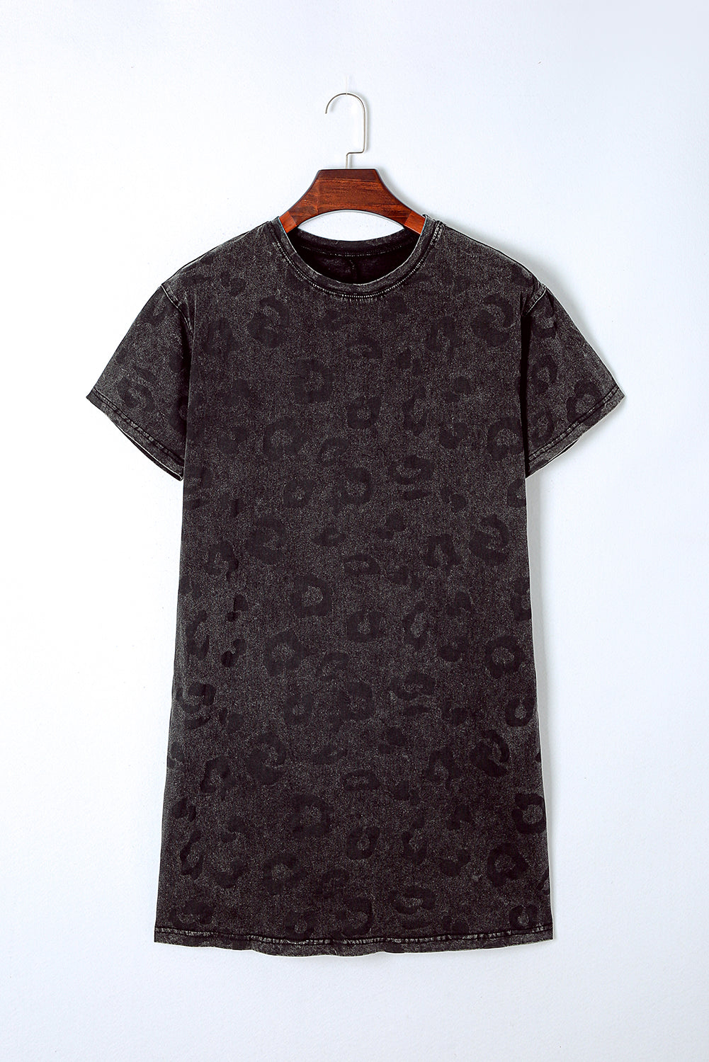 Gray Vintage Washed Leopard T-Shirt Dress with Pockets