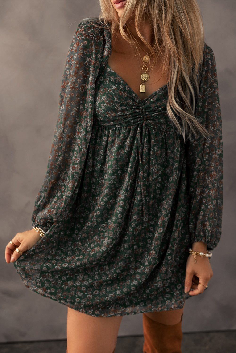 Green Fall Floral Mini Dress