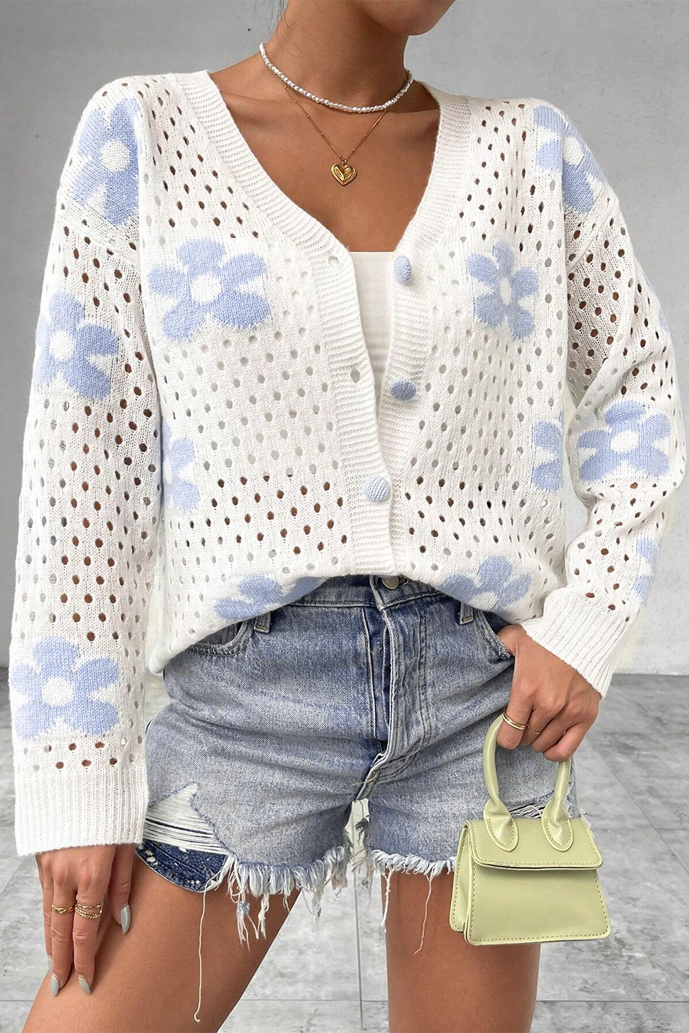 White Flower Knit Hollow Out Open Short Cardigan