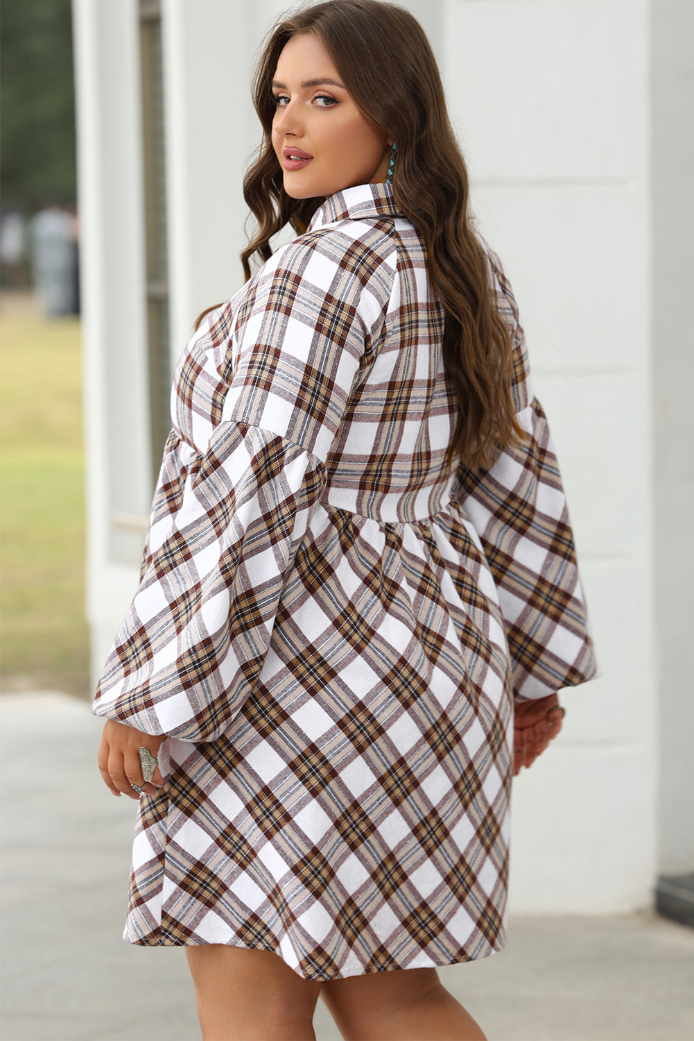 Flannel Bubble Sleeve Flowy Shirt Dress