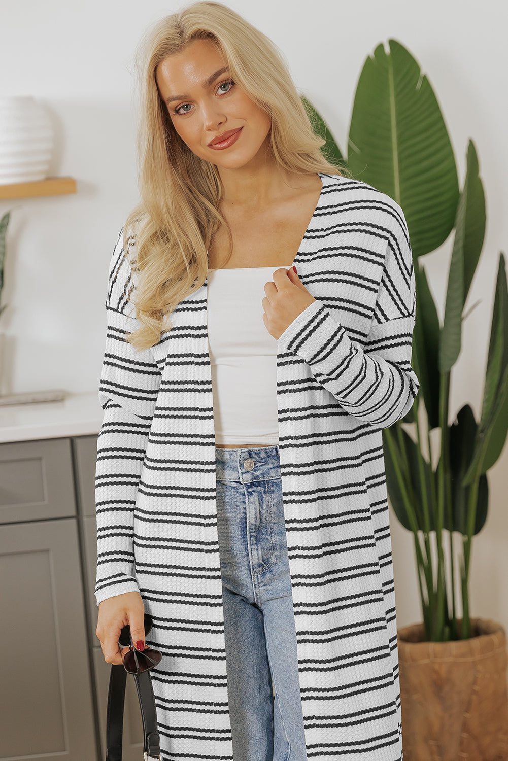 Black Stripe Print Open Front Cardigan