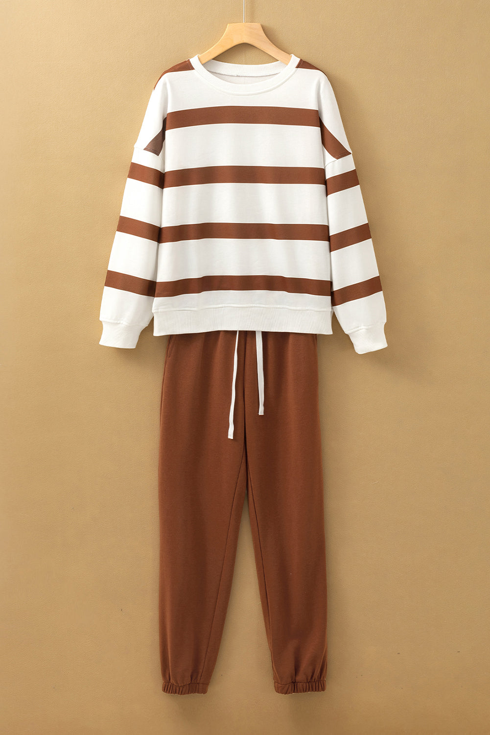 Brown Stripe Drop Shoulder Pullover and Jogger Pants Set