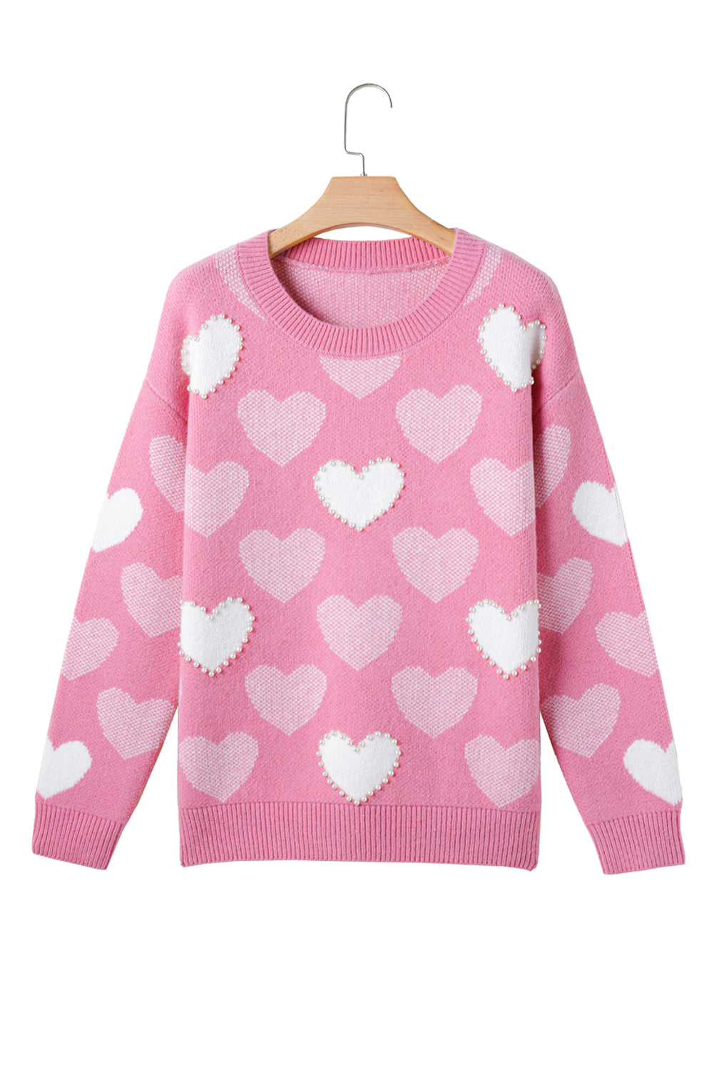 Pink Pearled Heart Print Crew Neck Sweater