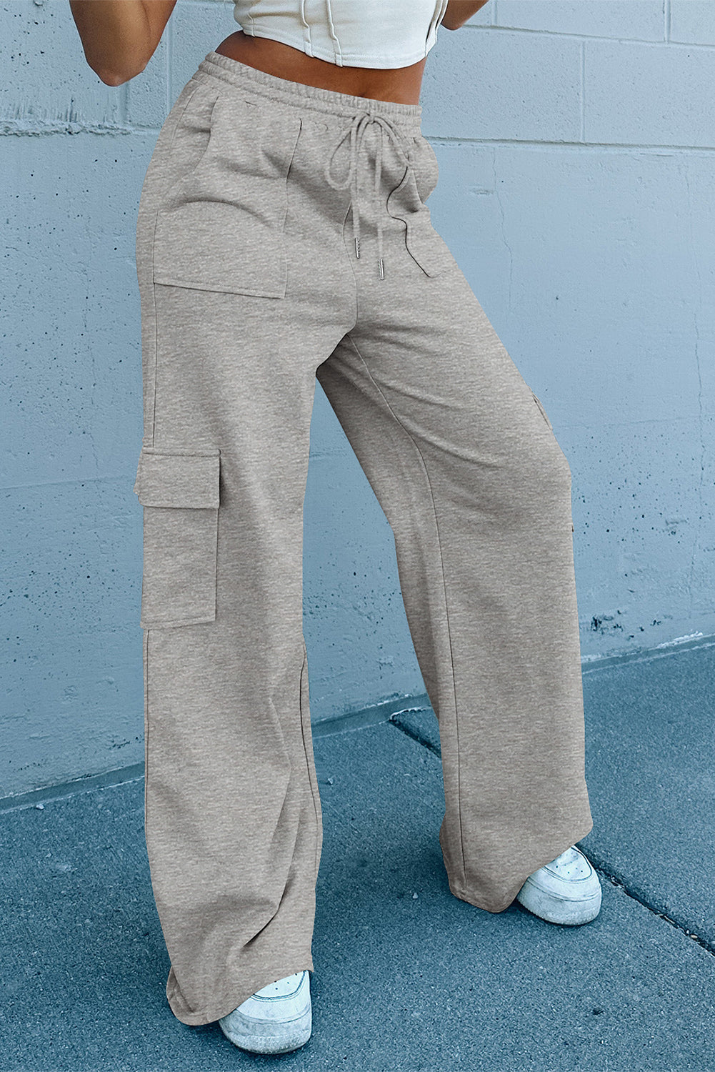 Light Grey Multi Pockets Lace-up High Waist Wide Leg Workout Pants