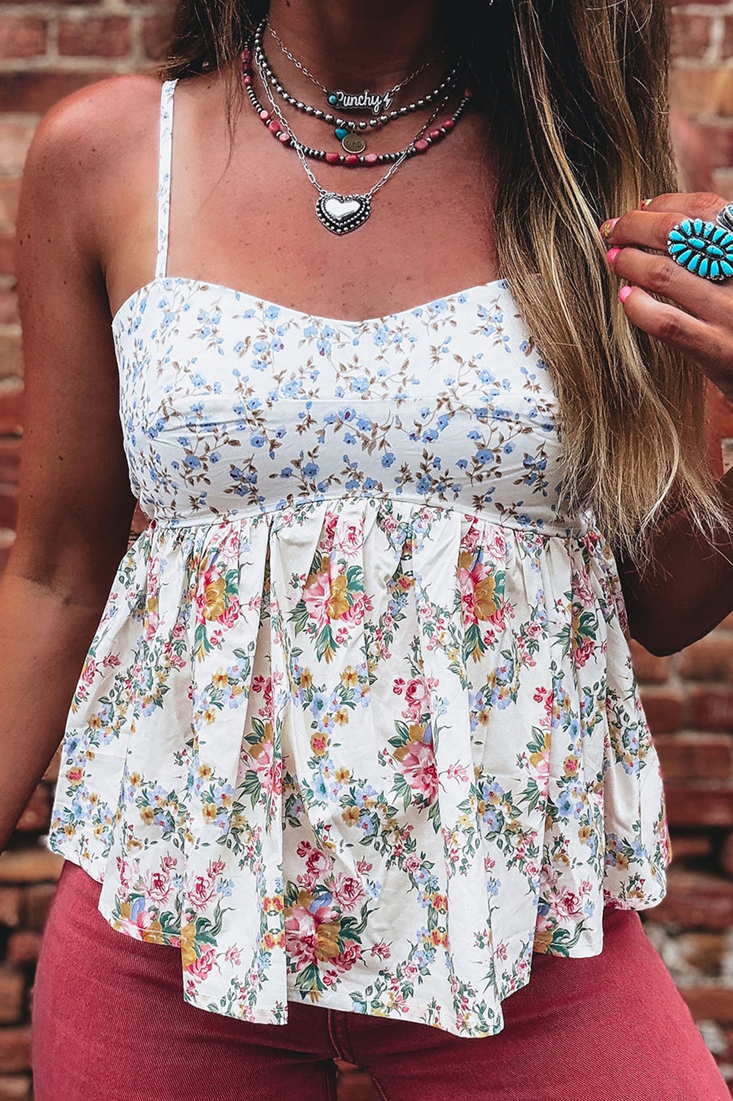 White Contrast Floral Printed Patchwork Spaghetti Straps Babydoll Top