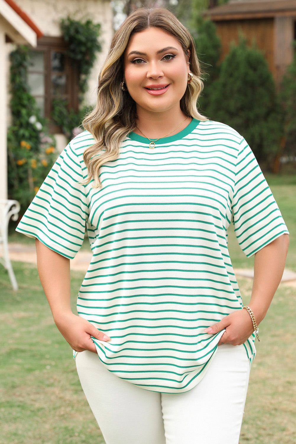 Green Stripe Plus Size Round Neck T Shirt