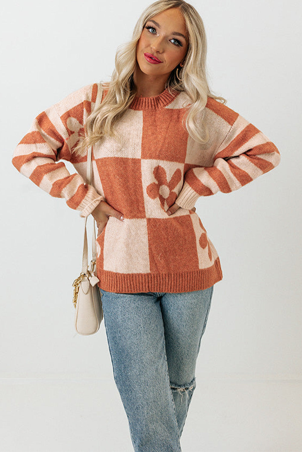 Orange Checkered Floral Sweater