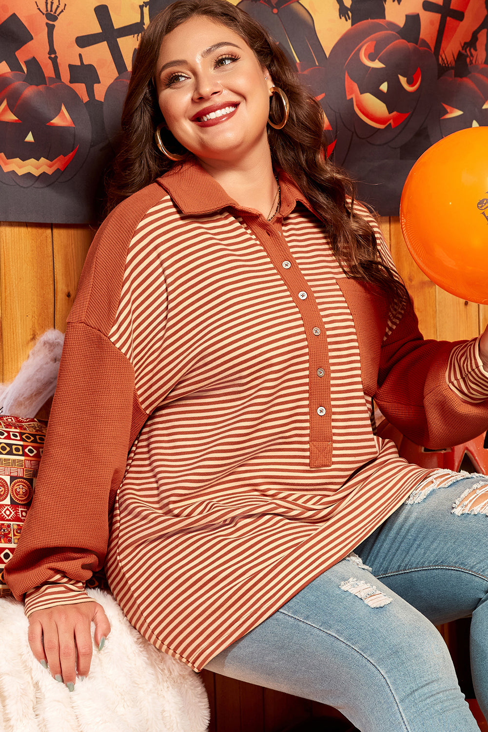 Rust Orange Striped Plus Size Sweatshirt