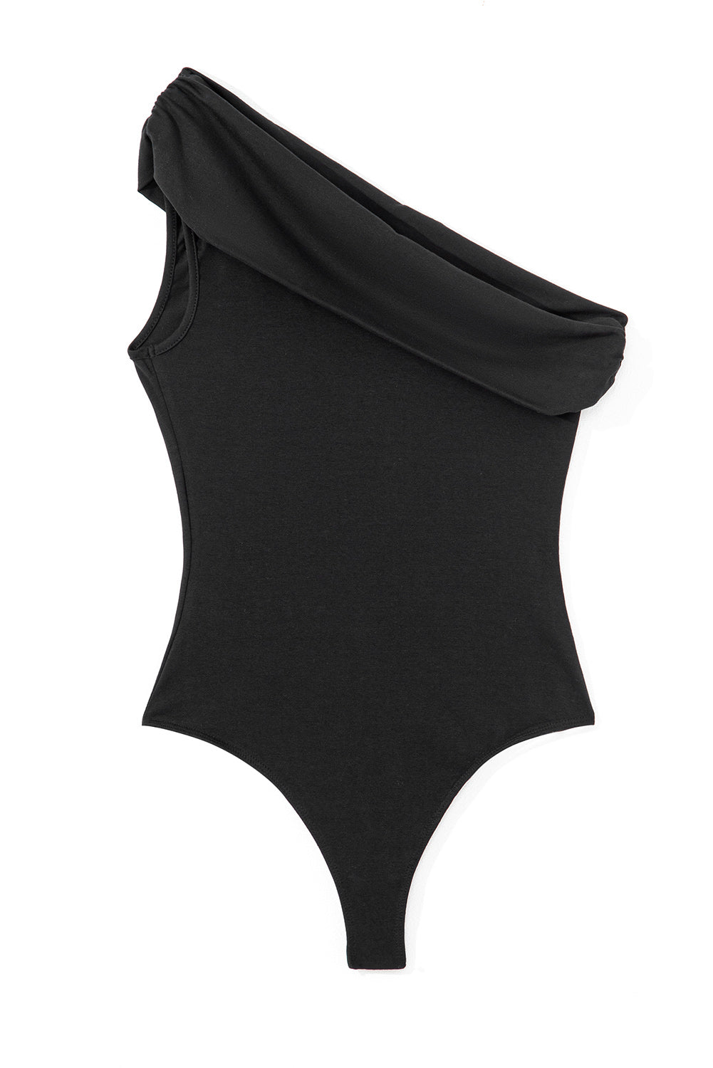 Black Solid Color Pleated One Shoulder Bodysuit