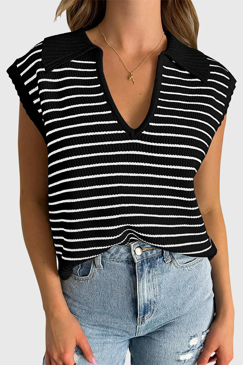 Black Stripe V Neck Sweater Tank