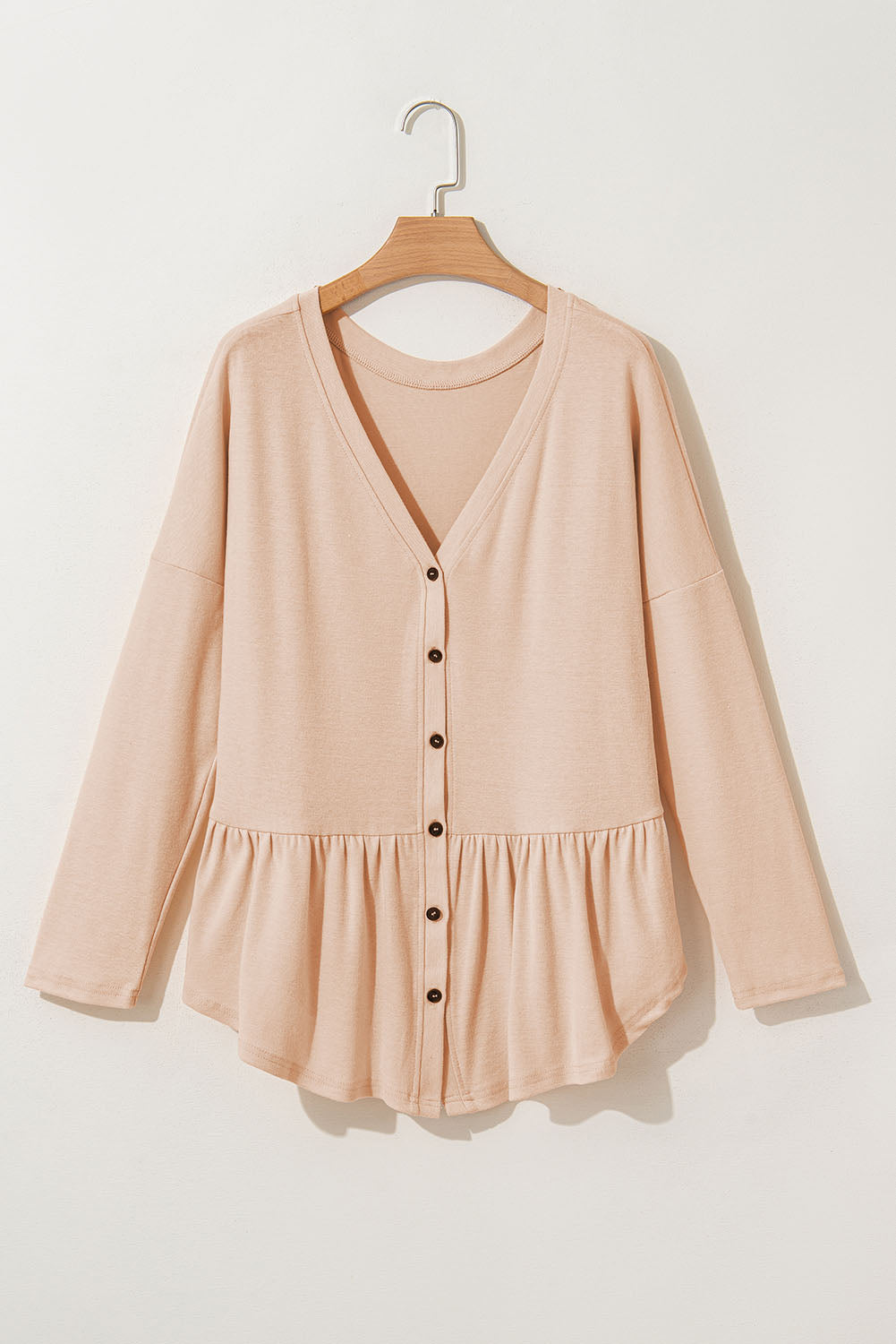 Beige Ruffled Buttoned V Neck Shirt