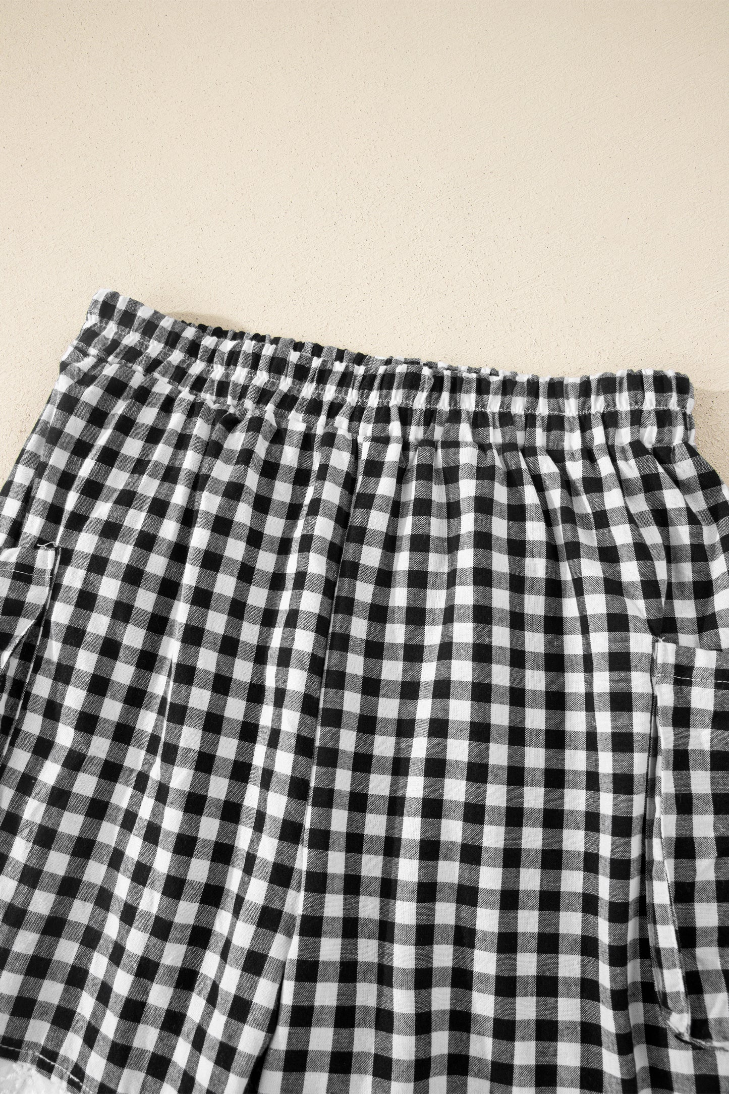 Black Gingham Lace Trim Shorts with Pouch Pockets