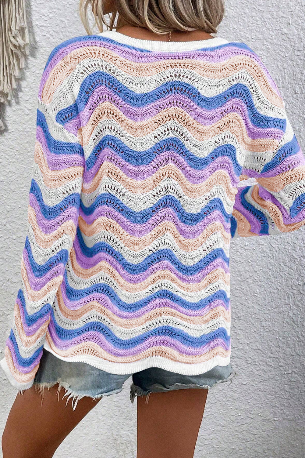 Purple Wavy Knit Drop Shoulder Sweater