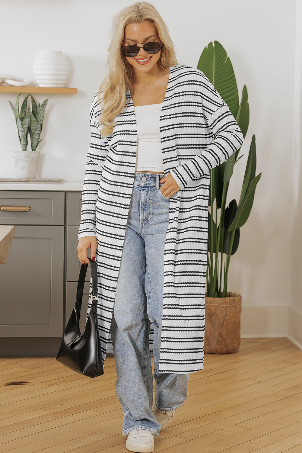 Black Stripe Print Open Front Cardigan