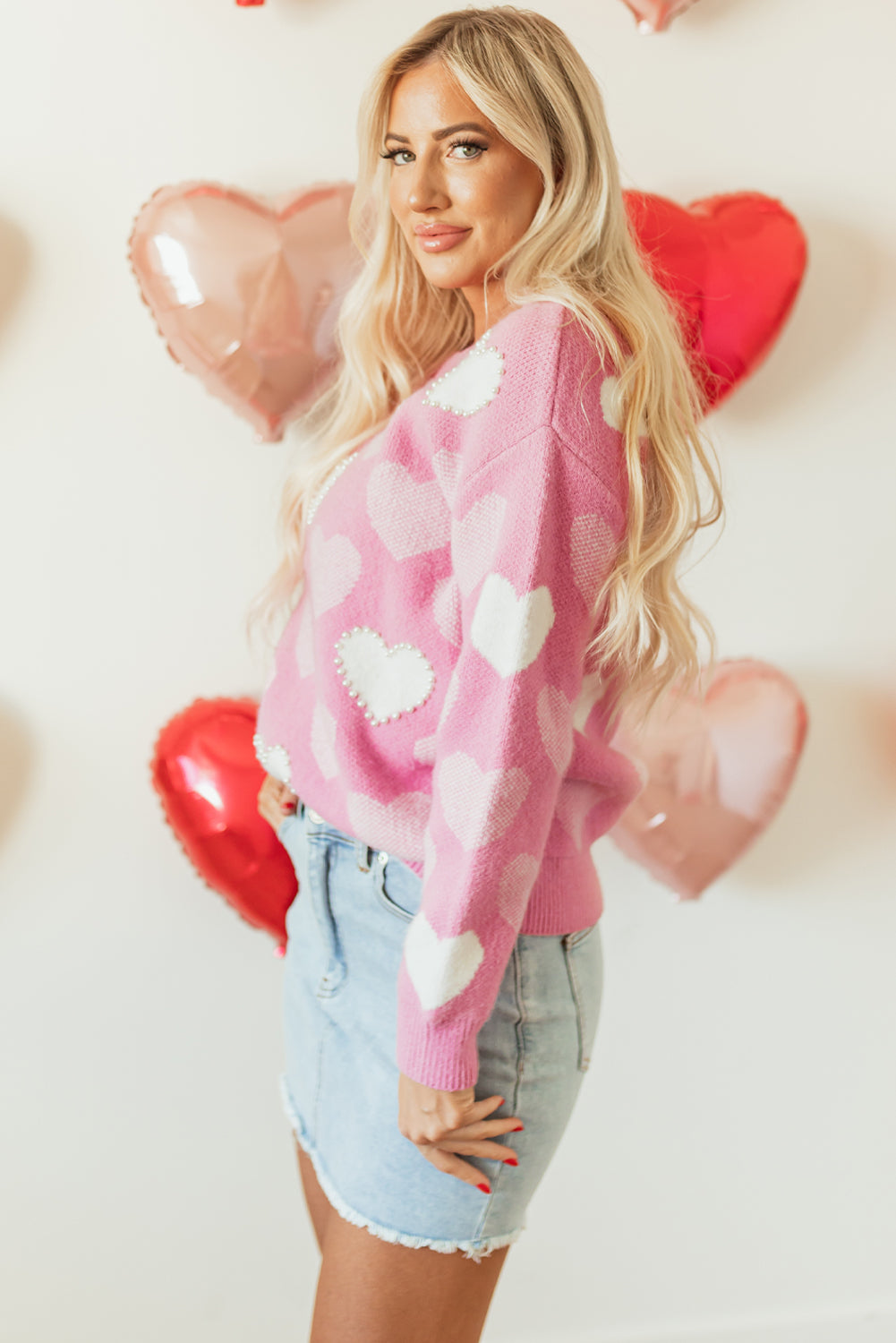 Pink Pearled Heart Print Crew Neck Sweater