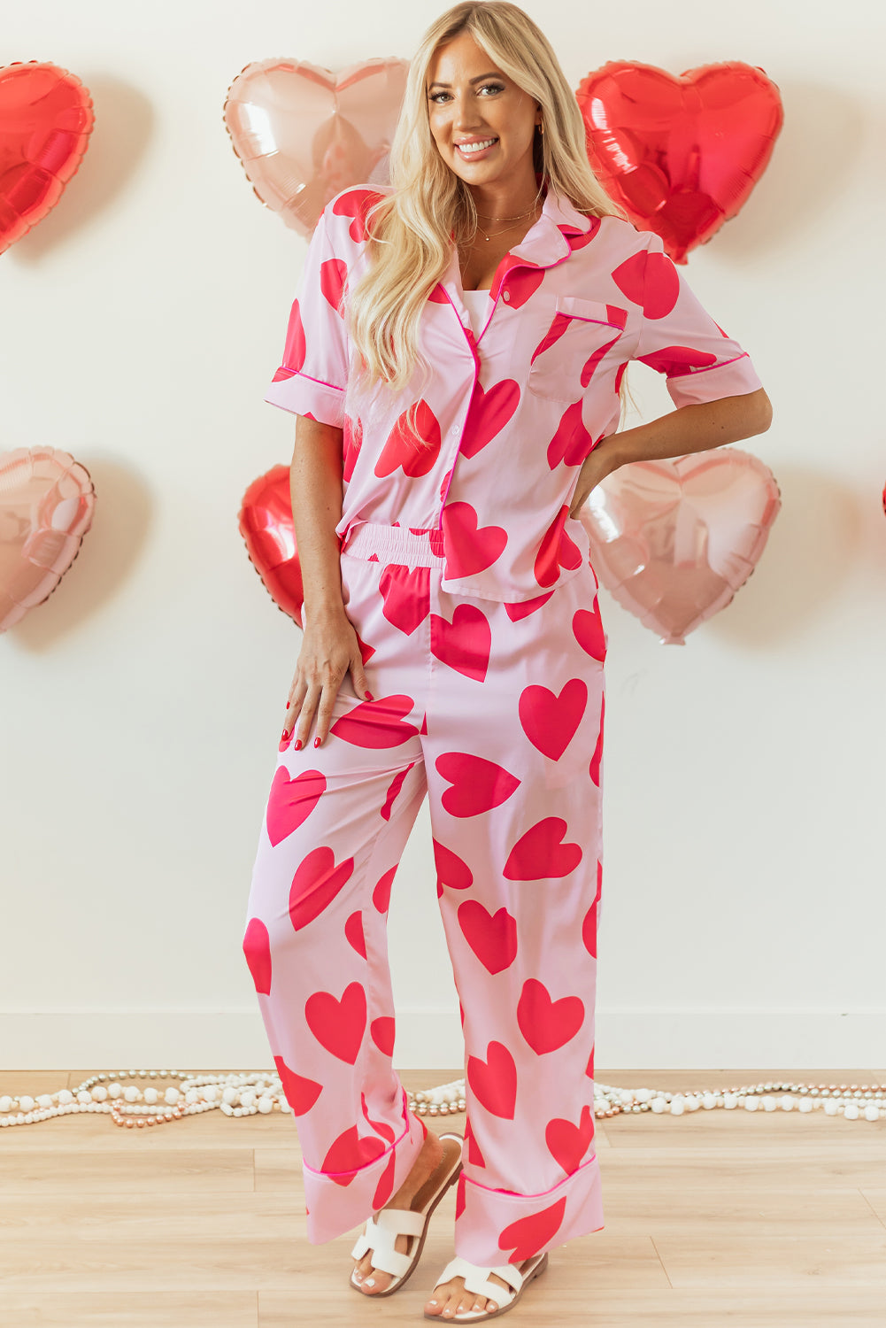 Pink Classic Heart Short Sleeve Pants Pajamas Set