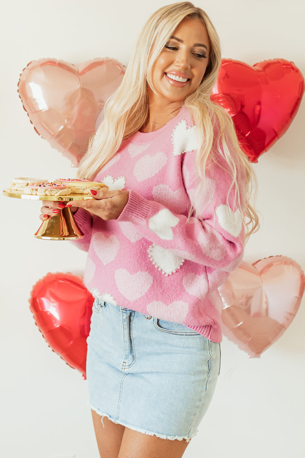 Pink Pearled Heart Print Crew Neck Sweater