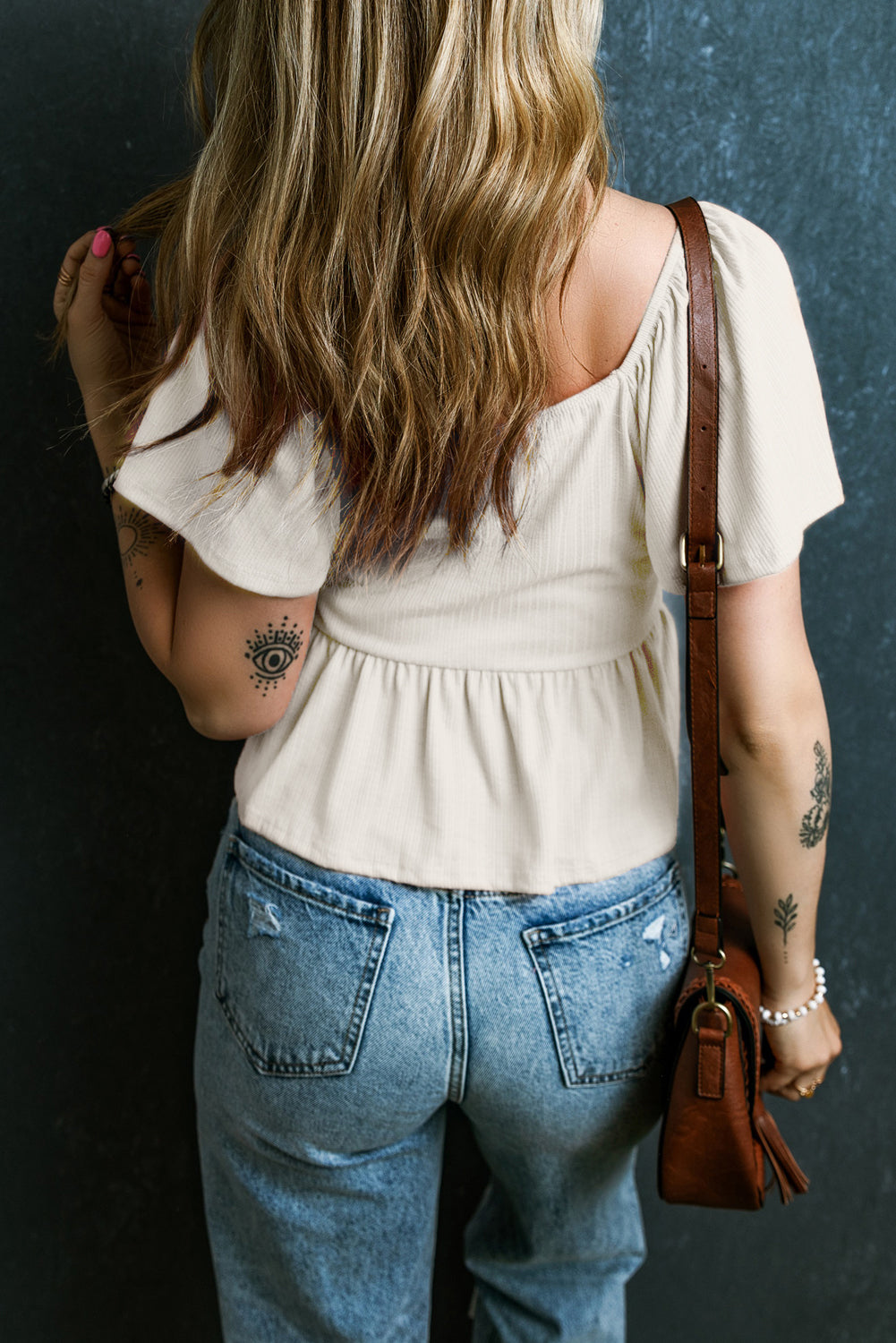 Oatmeal V Neck Flutter Blouse