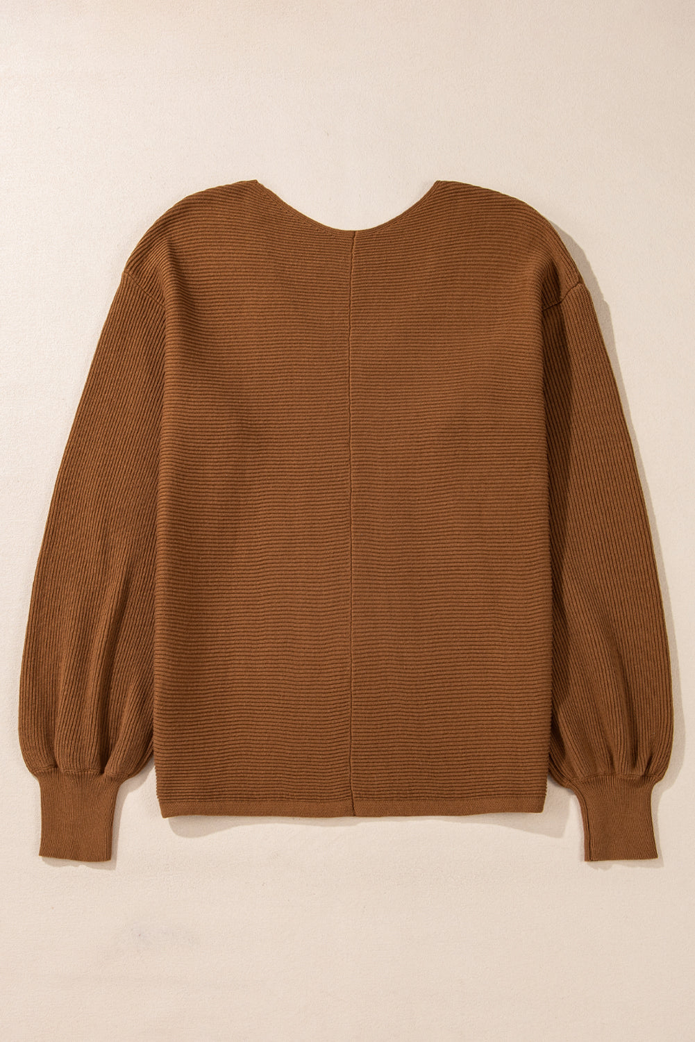 Camel Ribbed Knit Drop Sleeve V Neck Loose Fit Sweater