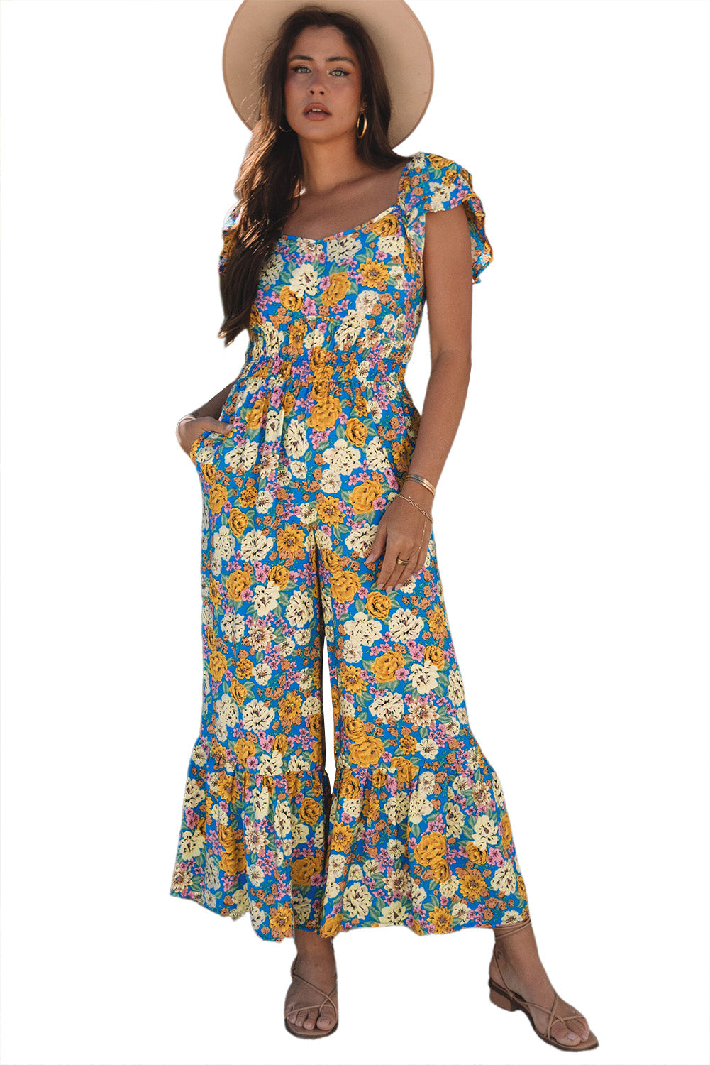 Yellow Floral Allover Print Shirred Cut Out High Waist Jumpsuit