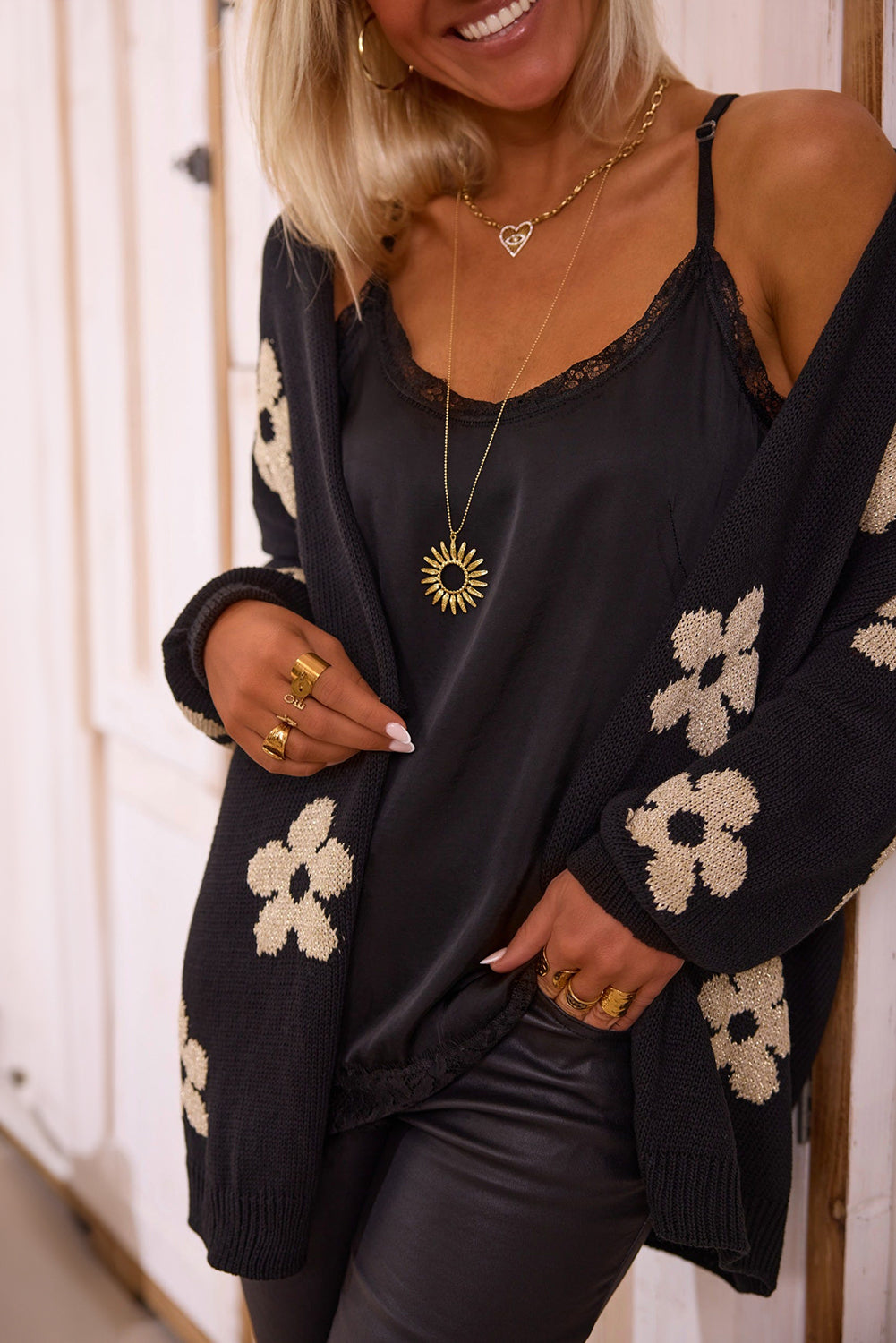 Black Floral Print Cardigan