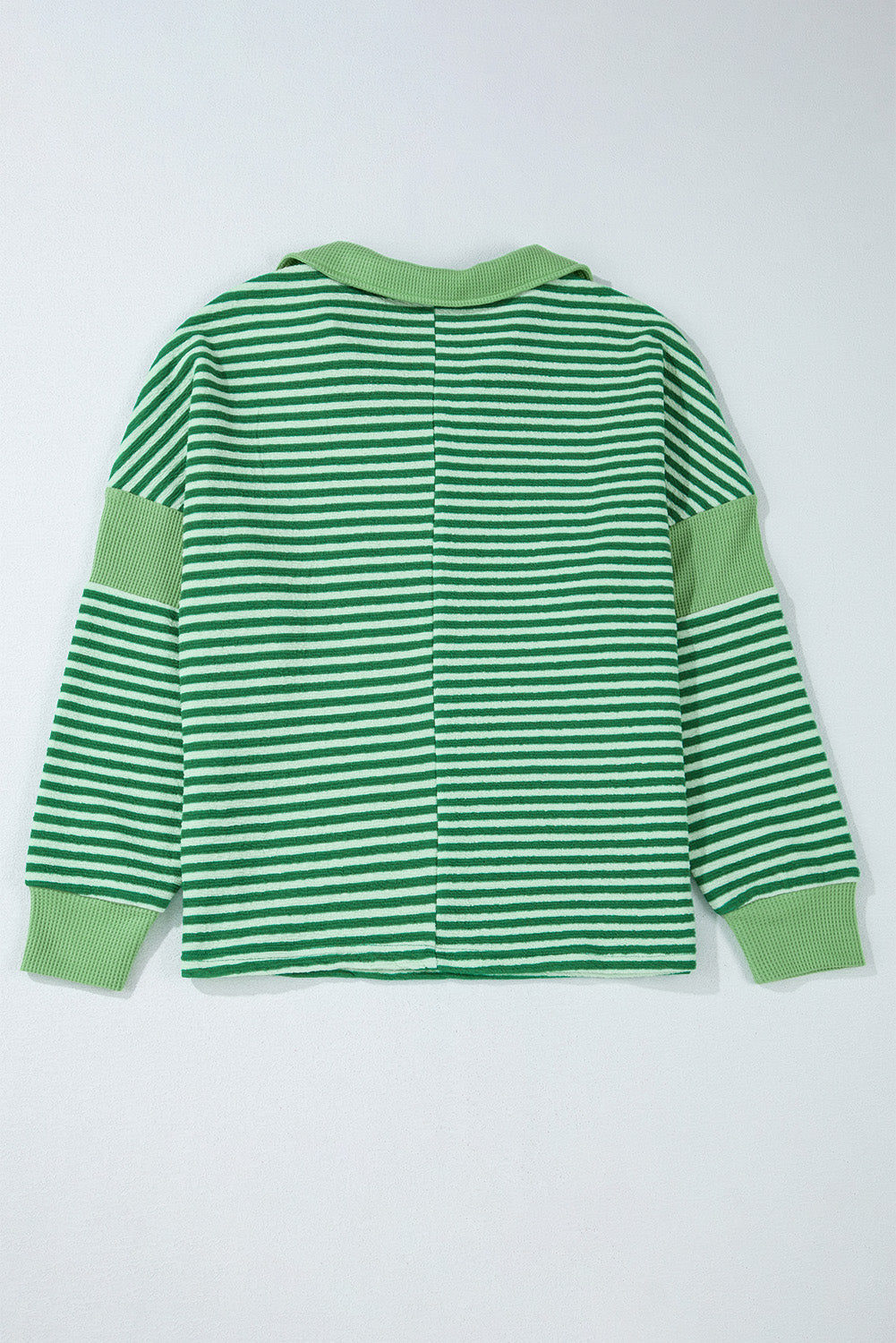 Green Stripe Turn-Down V Neck Patchwork Loose Top