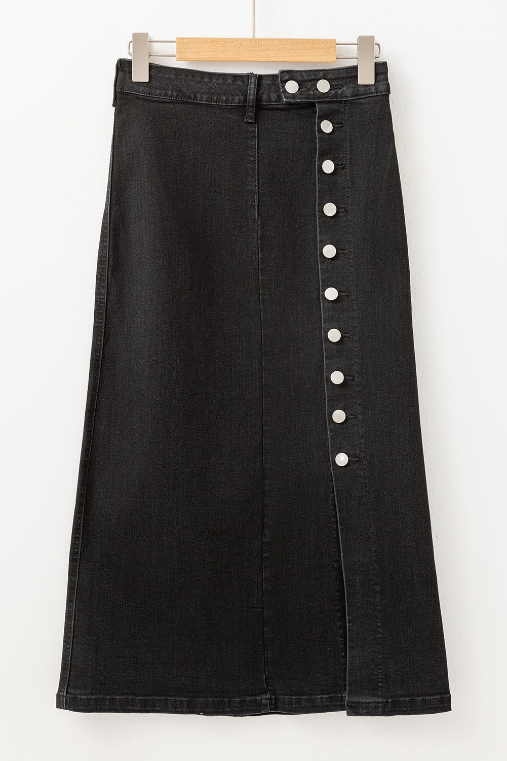 Black Button Fly Side Split High Waist Denim Midi Skirt