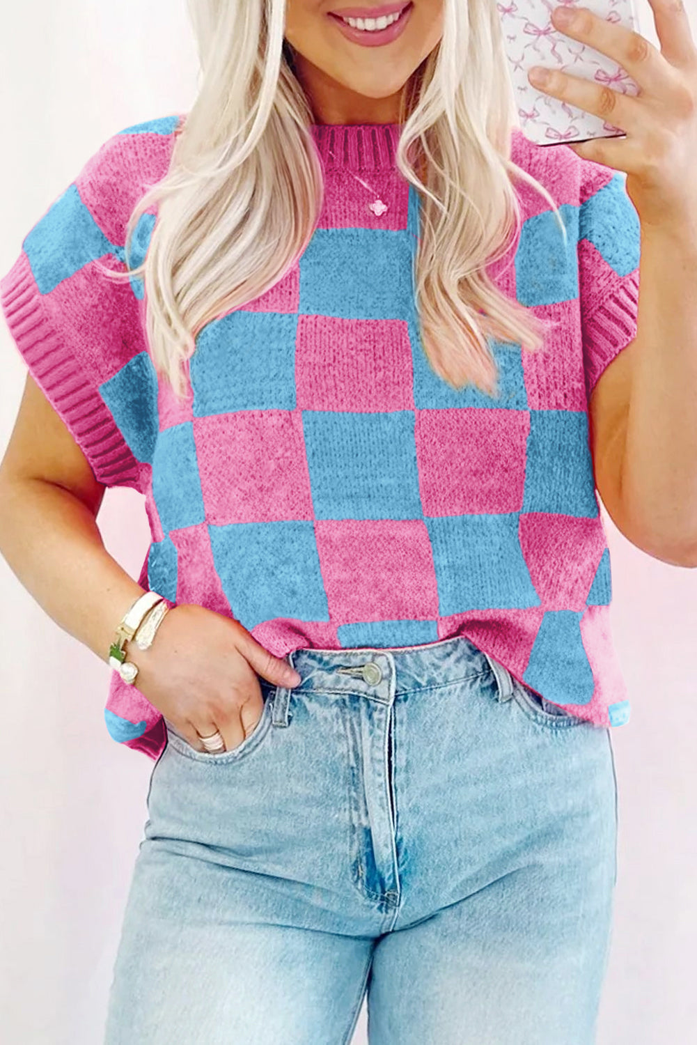 Pink and Blue Checkered Sweater Tank