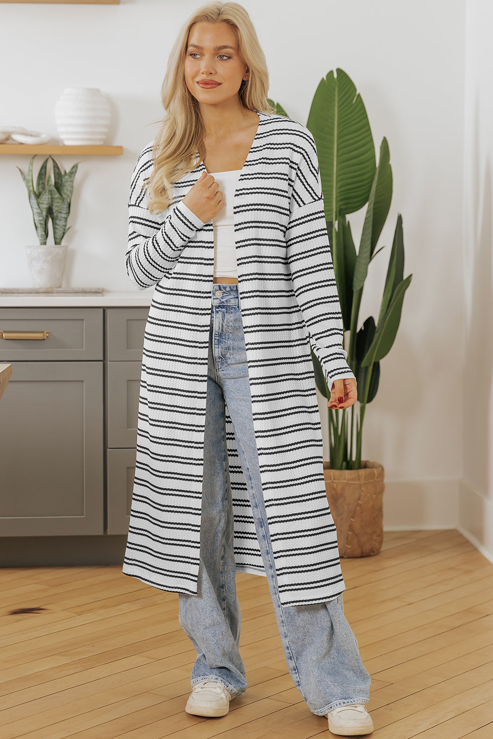 Black Stripe Print Open Front Cardigan