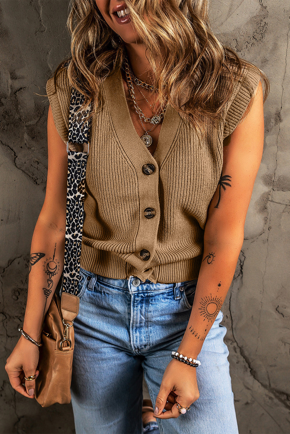 Parchment V Neck Buttoned Front Sweater Vest