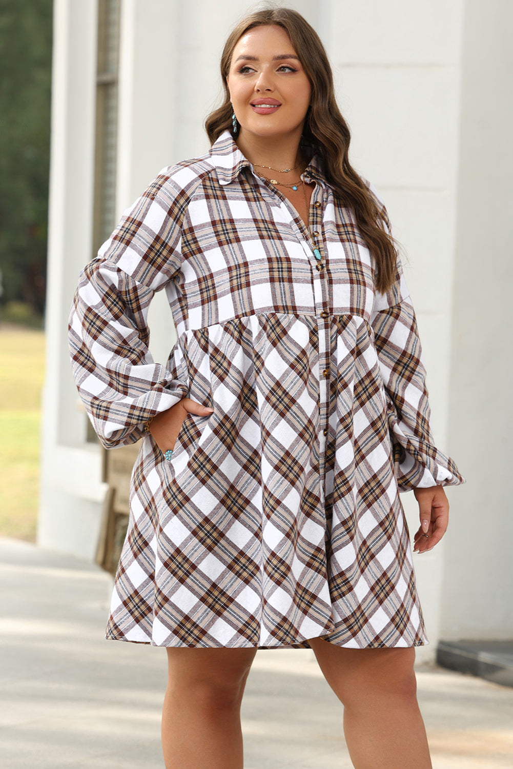 Flannel Bubble Sleeve Flowy Shirt Dress