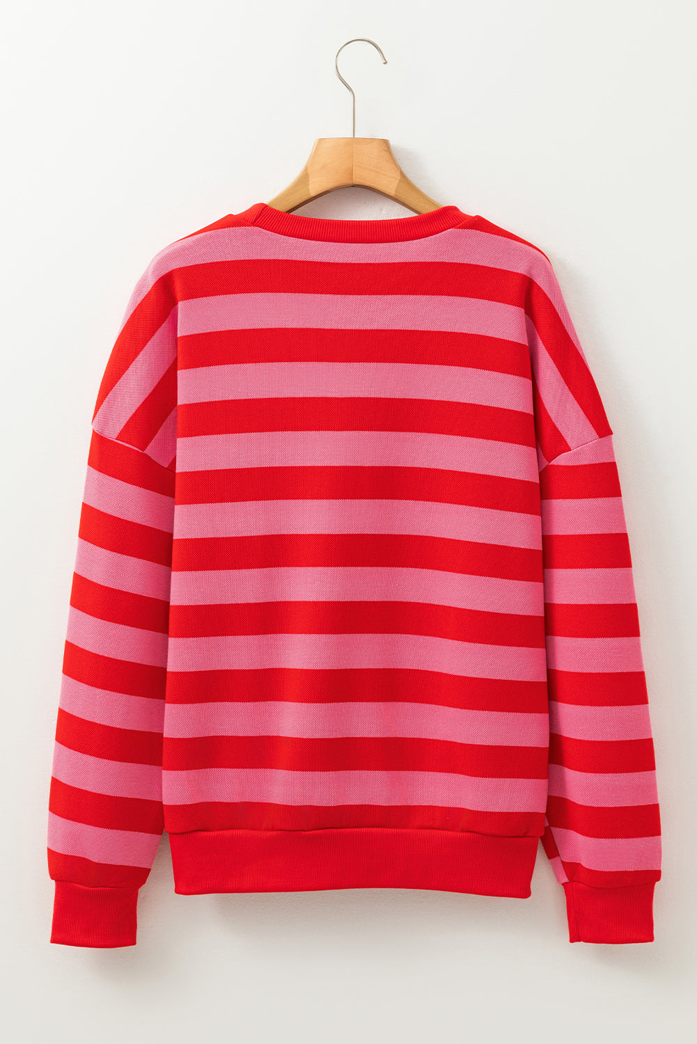 Red Stripe Long Sleeve Round Neck Drop Shoulder Top