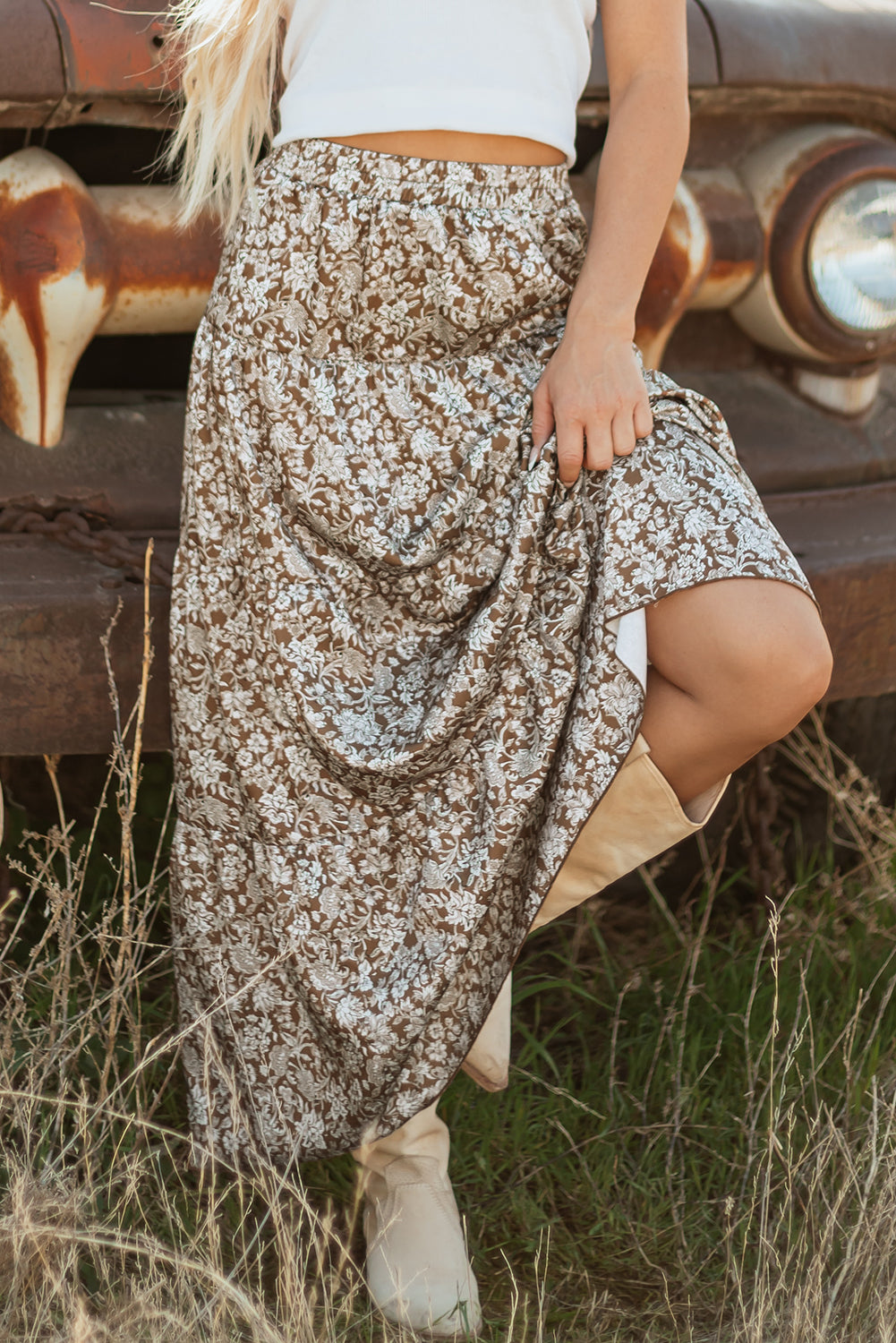 Brown Western Floral Print Maxi Skirt