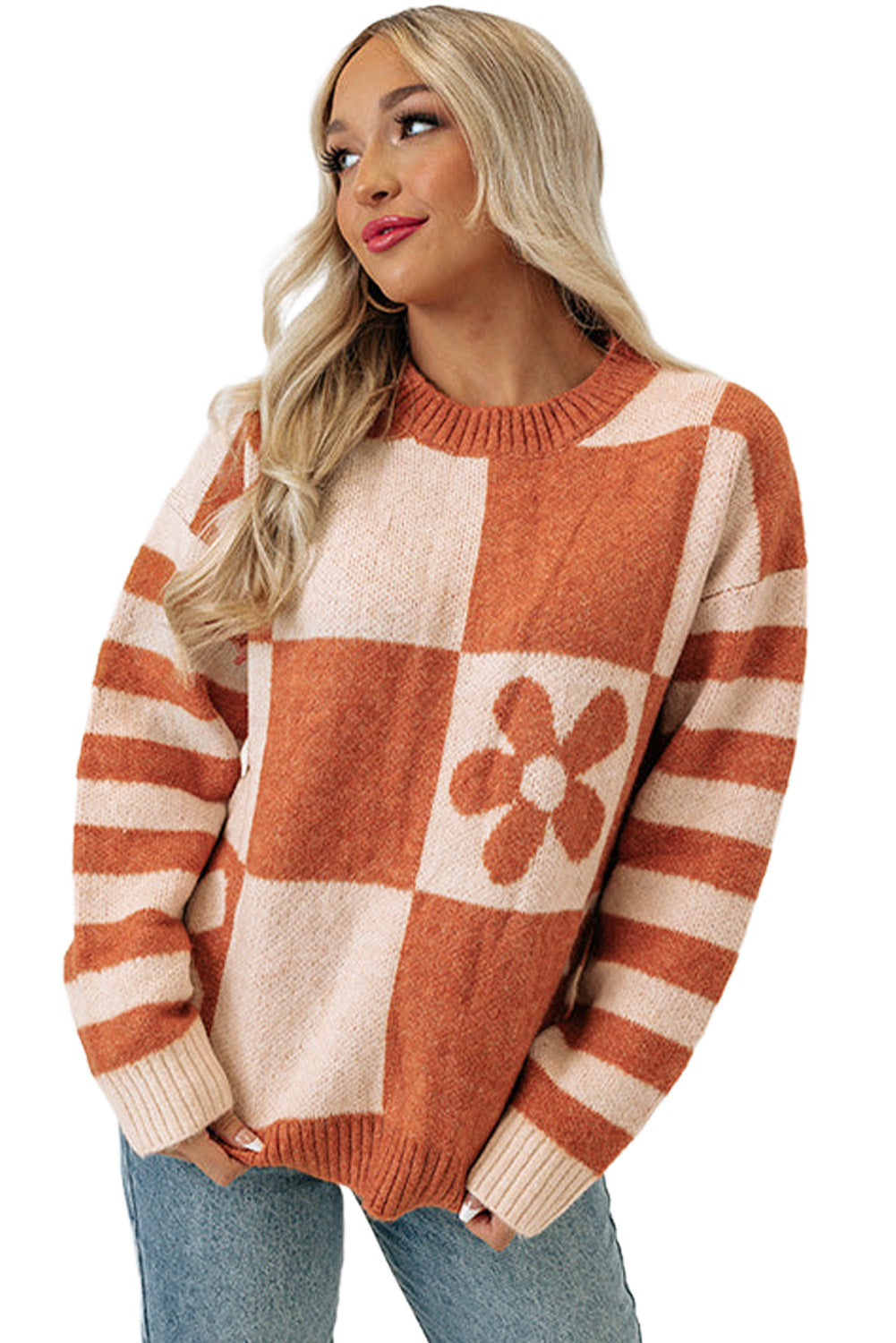 Orange Checkered Floral Sweater