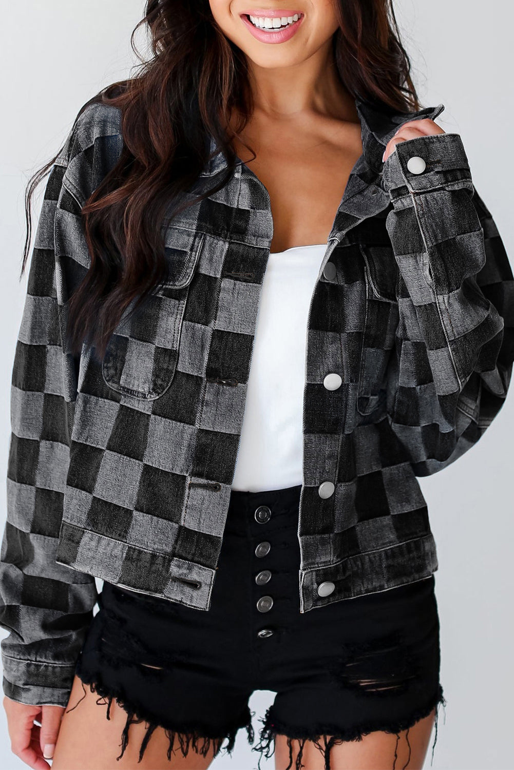 Black Checkered Denim Jacket