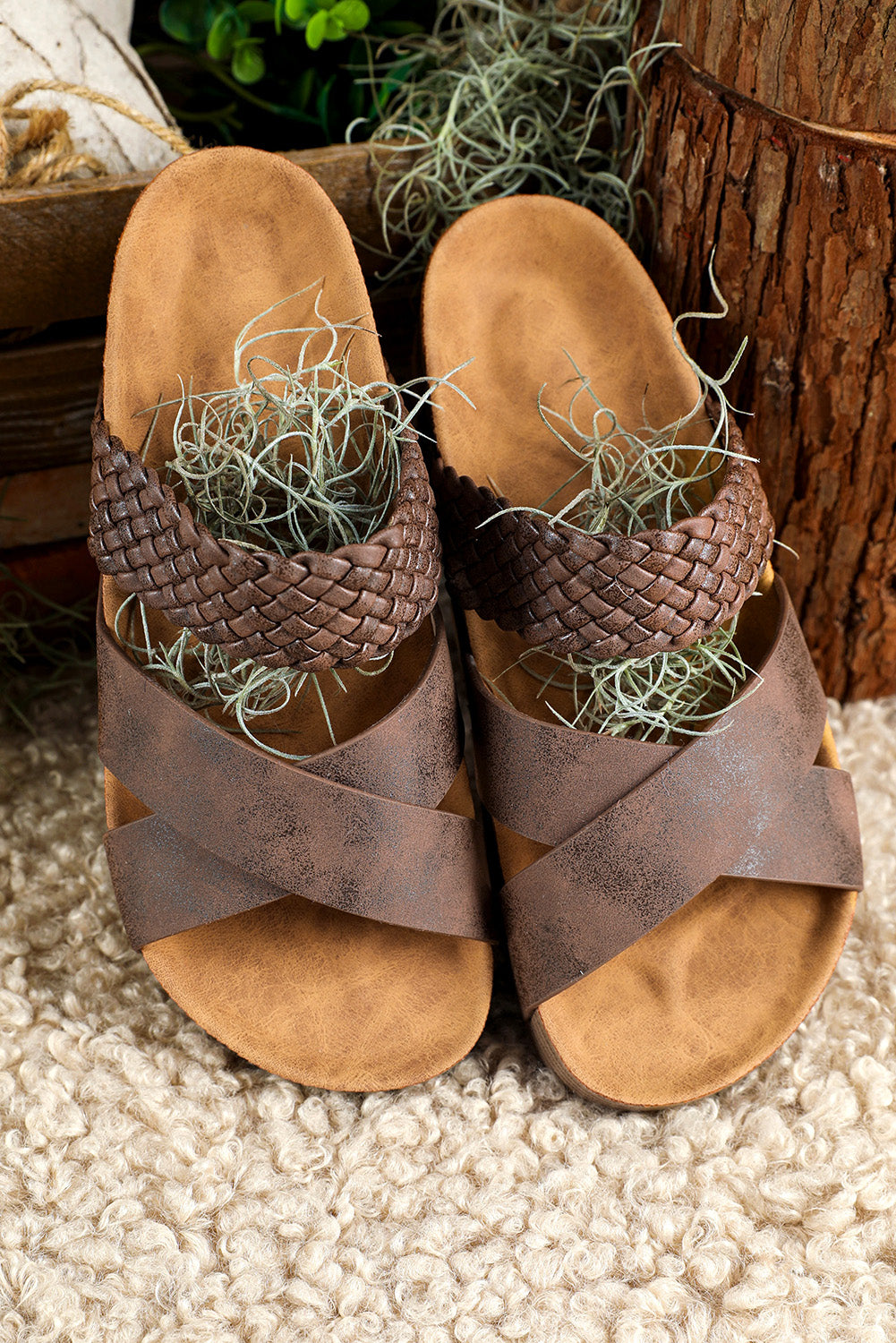 Brown Braided Criss Cross Platforms