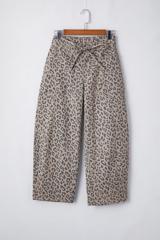 Khaki Leopard Printed Drawstring Waist Pocketed Wide Leg Jeans