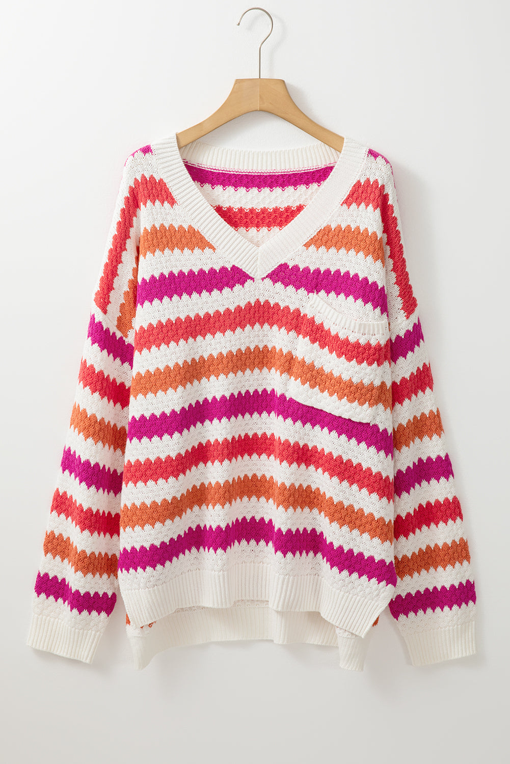 Pink Stripe V Neck Drop Shoulder Plus Size Sweater