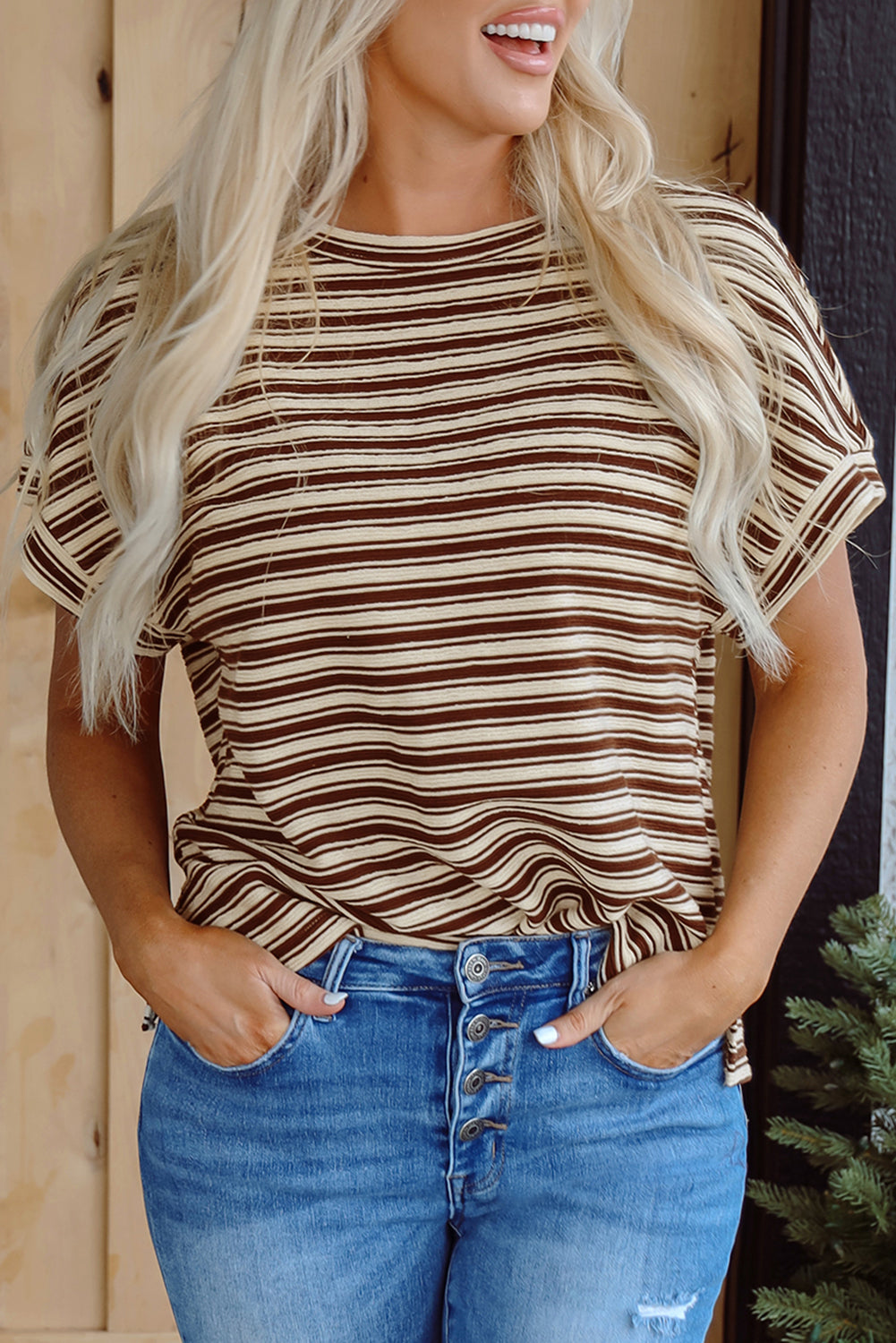 Brown Stripe Textured Side Slits Crew Neck T Shirt