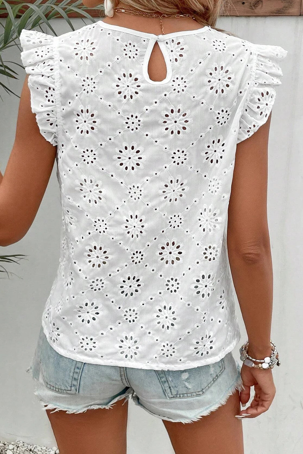 White Eyelet Embroidered Ruffled Flutter Sleeve Blouse