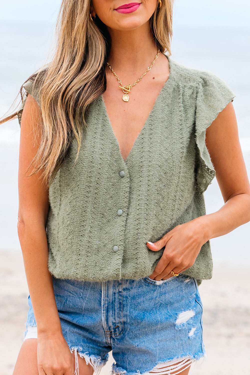 Green Flutter Sleeve V Neck Shirt