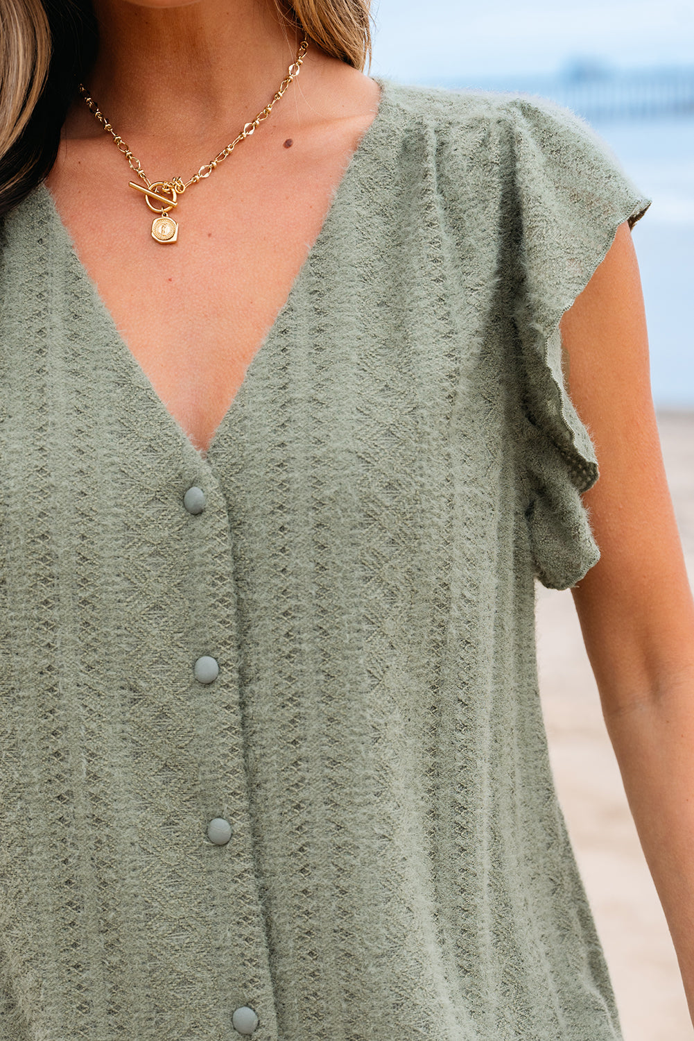 Green Flutter Sleeve V Neck Shirt