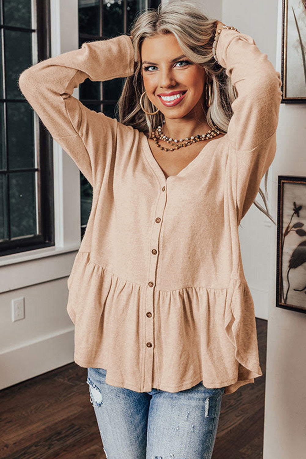 Beige Ruffled Buttoned V Neck Shirt