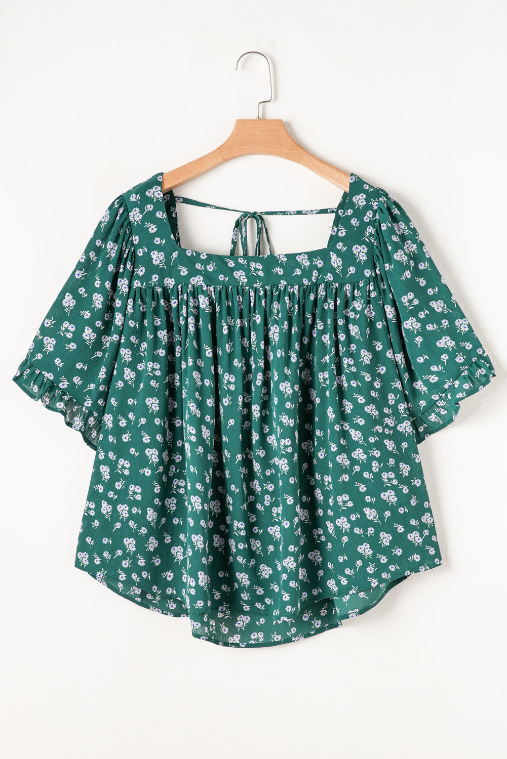 Green Floral Print Square Neck Ruffled Trim Plus Size Blouse